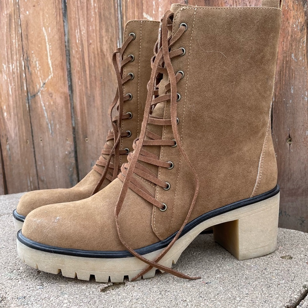 OASIS SOCIETY Women’s Tan Chelsea Lace Up Chunky Heel Mid Calf Boot Size 7.5